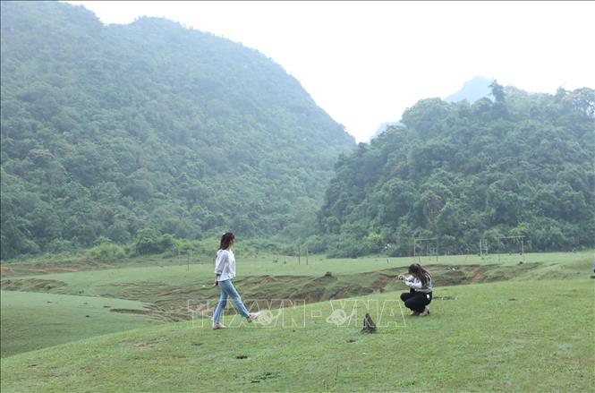 Trong ảnh: Du khách chụp ảnh cho nhau trên Thảo nguyên Đồng Lâm. Ảnh: Anh Tuấn – TTXVN
