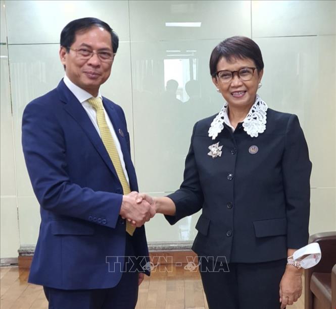 Trong ảnh: Bộ trưởng Ngoại giao Việt Nam Bùi Thanh Sơn gặp Bộ trưởng Ngoại giao Indonesia Retno Marsudi. Ảnh: Huy Lê - PV TTXVN tại Ấn Độ
