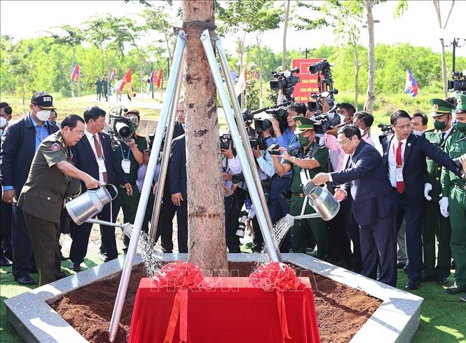Prime Minister Pham Minh Chinh and his Cambodian counterpart Samdech Techo Hun Sen join a tree planting ceremony at the event. VNA Photo: Dương Giang