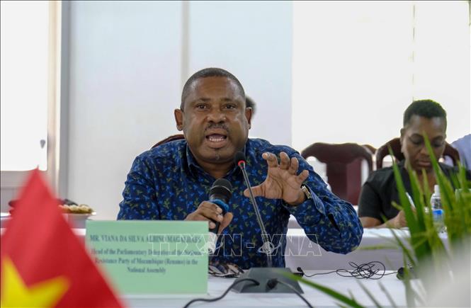 Ông Viana da Silva Magalhaes, Trưởng đoàn đại biểu Quốc hội Đảng Kháng chiến quốc gia Mozambiqe (Renamo) phát biểu trao đổi tại buổi thăm Viện Lúa ĐBSCL . Ảnh: Thanh Liêm - TTXVN
