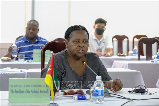 Chủ tịch Quốc hội nước Cộng hòa Mozambique bà Esperanca Laurinda Francisco Nhiuane Bias phát biểu trong chuyến thăm Viện Lúa Đồng bằng sông Cửu Long . Ảnh: Thanh Liêm - TTXVN