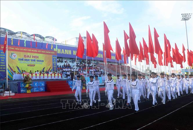 Các đoàn diễu hành qua lễ đài. Ảnh: Huỳnh Anh - TTXVN