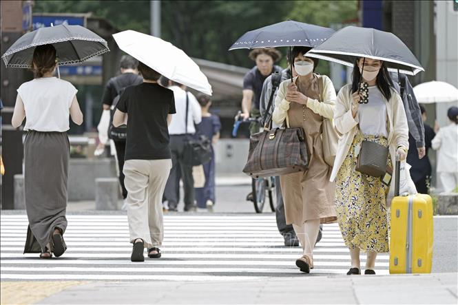 Trong ảnh: Người dân che ô tránh nắng khi di chuyển trên đường phố tại Nagoya, Nhật Bản, ngày 27/6/2022. Ảnh: Kyodo/ TTXVN
