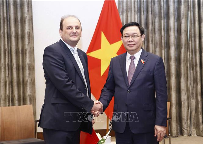 Chủ tịch Quốc hội Vương Đình Huệ tiếp lông Tamas Uri, Giám đốc Công ty EGIS khu vực Trung Đông Âu. Ảnh: Doãn Tấn - TTXVN 