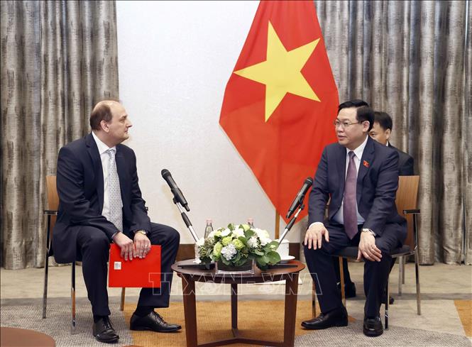 Chủ tịch Quốc hội Vương Đình Huệ tiếp lông Tamas Uri, Giám đốc Công ty EGIS khu vực Trung Đông Âu. Ảnh: Doãn Tấn - TTXVN 