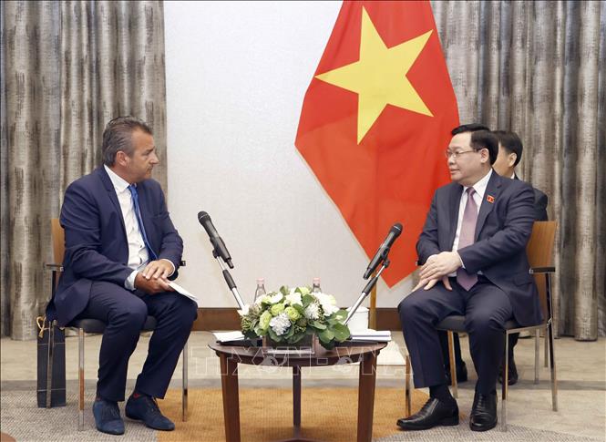 Chủ tịch Quốc hội Vương Đình Huệ tiếp ông Robert Forintos, đồng Chủ tịch HWP, lãnh đạo Công ty Hungary Water Partnership. Ảnh: Doãn Tấn - TTXVN