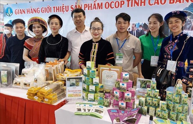 Trong ảnh: Gian hàng triển lãm các sản phẩm OCOP của tỉnh Cao Bằng tại Quảng Ninh. Ảnh: TTXVN phát