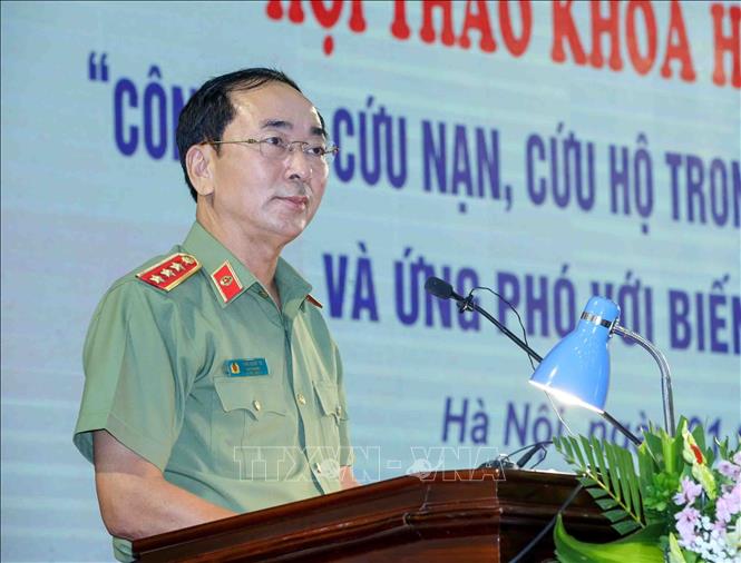 Thượng tướng, PGS. TS Trần Quốc Tỏ, Ủy viên Trung ương Đảng, Thứ trưởng Bộ Công an phát biểu. Ảnh: Phạm Kiên - TTXVN