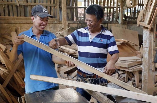 Trong ảnh: Cơ sở sản xuất đồ gỗ nhà anh Nguyễn Văn Vang ở xã Minh Đức, huyện Tứ Kỳ, Hải Dương vay hơn 2 tỷ đồng từ Vietcombank đầu tư xây dựng nhà xưởng, nguyên liệu thu hút hơn 10 lao động. Ảnh: Trần Việt - TTXVN