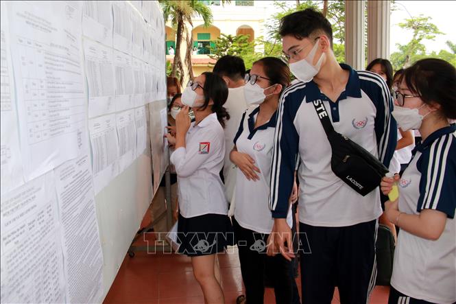 Trong ảnh: Thí sinh tại điểm thi Trường THPT Trần Hưng Đạo, thành phố Nam Định, tỉnh Nam Định kiểm tra danh sách thí sinh dự thi, số báo danh trước khi thi. Ảnh: Nguyễn Lành - TTXVN