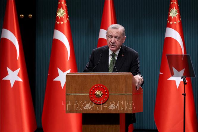 Trong ảnh: Tổng thống Recep Tayyip Erdogan phát biểu tại cuộc họp báo ở  Ankara,Thổ Nhĩ Kỳ. Ảnh: AFP/TTXVN