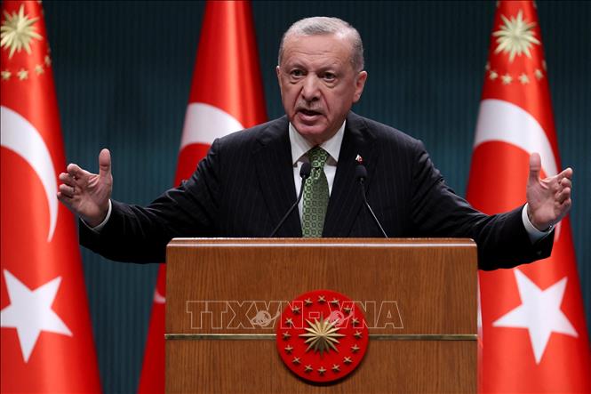 Trong ảnh: Tổng thống Recep Tayyip Erdogan phát biểu tại cuộc họp báo ở  Ankara,Thổ Nhĩ Kỳ. Ảnh: AFP/TTXVN