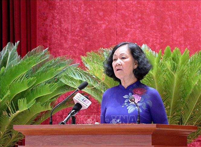 Trong ảnh: Đồng chí Trương Thị Mai, Ủy viên Bộ Chính trị, Bí thư Trung ương Đảng, Trưởng Ban Tổ chức Trung ương phát biểu tại hội nghị. Ảnh: Thanh Hải - TTXVN 