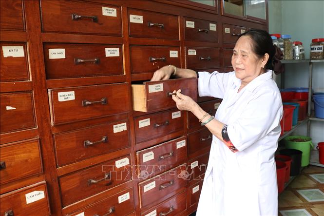 Trong ảnh: Cựu chiến binh, lương y Cao Thị Thanh Mai bốc thuốc điều trị cho bệnh nhân. Ảnh: Nguyễn Thành – TTXVN
  
