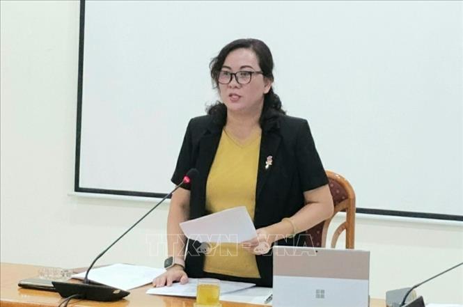 Trong ảnh: Phó Giám đốc Sở Thông tin và Truyền thông Hà Nội Nguyễn Thị Mai Hương tại cuộc họp. Ảnh: TTXVN phát. 