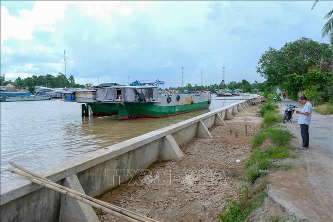 Đoạn kè chống sạt lở sông Ô Môn từ Rạch Vàm đến bến đò Tầm Vu có chiều dài 950m, tổng kinh phí đầu tư 117 tỷ đồng, dự kiến hoàn thành tháng 4/2023. Ảnh: Thanh Liêm - TTXVN