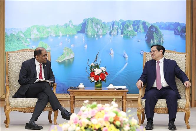 Prime Minister Pham Minh Chinh receives Singaporean Ambassador Jaya Ratnam. VNA Photo: Dương Giang