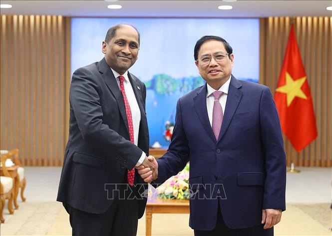 Prime Minister Pham Minh Chinh welcomes Singaporean Ambassador Jaya Ratnam. VNA Photo: Dương Giang