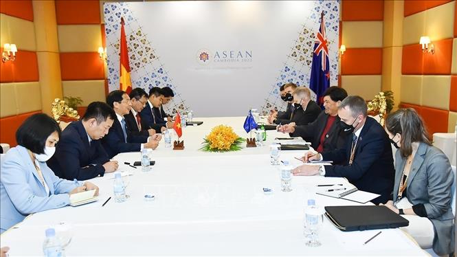Foreign Minister Bui Thanh Son (L) meets with his New Zealand counterpart Nanaia Mahuta. VNA Photo: Vũ Hùng 