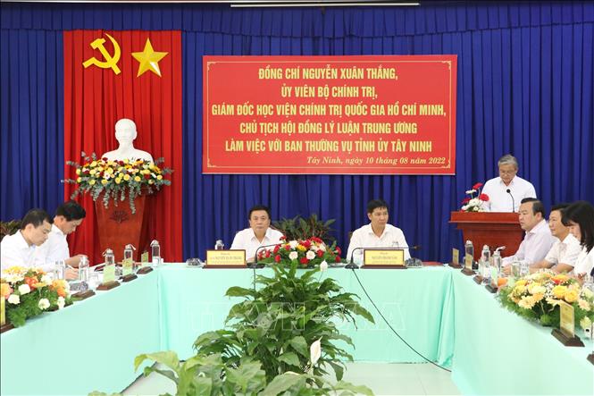 Toàn cảnh buổi làm việc với đoàn công tác Hội đồng Lý luận Trung ương. Ảnh: Thanh Tân - TTXVN