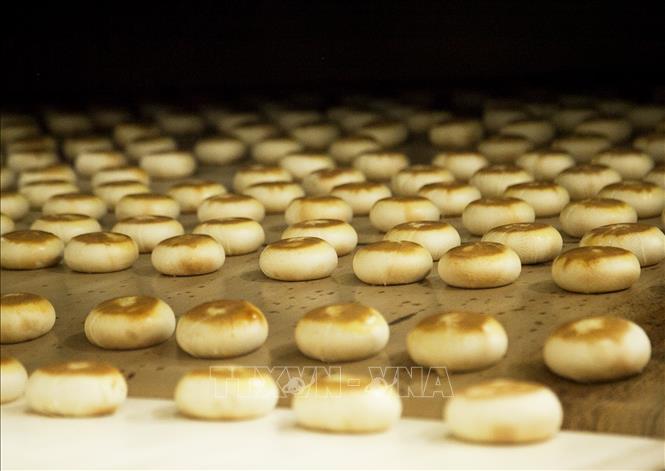 Trong ảnh: Bánh pía Tân Huê Viên ra lò. Ảnh: Hồng Đạt - TTXVN
