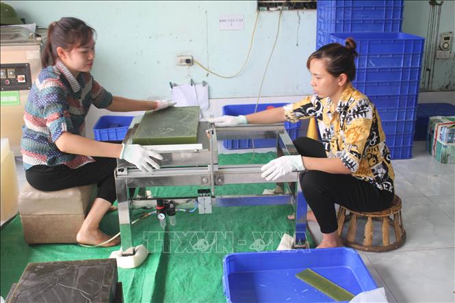 Trong ảnh: Công đoạn cuối cùng để tạo ra bánh xà phòng làm từ các loại thảo dược tại địa phương. Ảnh: Hải Yến-TTXVN.