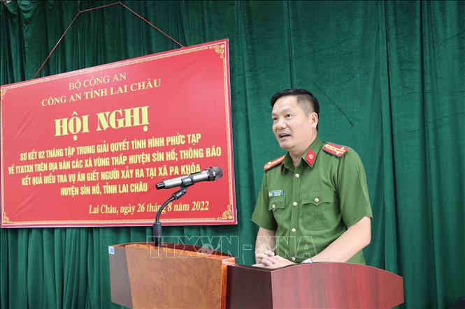 Đại tá Phạm Hải Đăng, Phó Giám đốc Công an tỉnh Lai Châu phát biểu tại hội nghị. Ảnh: Đinh Thùy - TTXVN