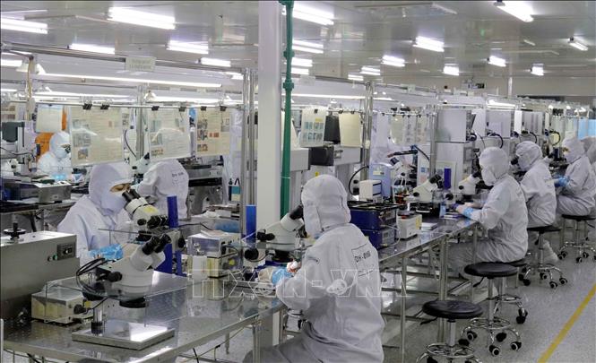 Manufacturing electronic devices at the South Korean-invested Daeyang Hanoi Co. Ltd in the northern province of Bac Giang. VNA Photo: Đồng Thúy