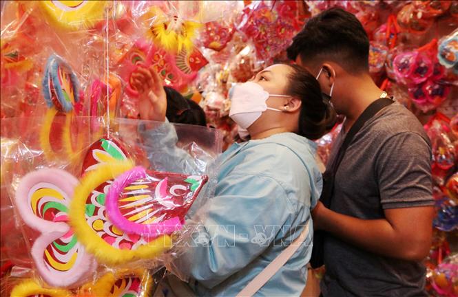 Trong ảnh: Nhiều gia đình tới phố lồng đèn chọn mua đồ chơi cho trẻ em. Ảnh: Thu Hương - TTXVN
