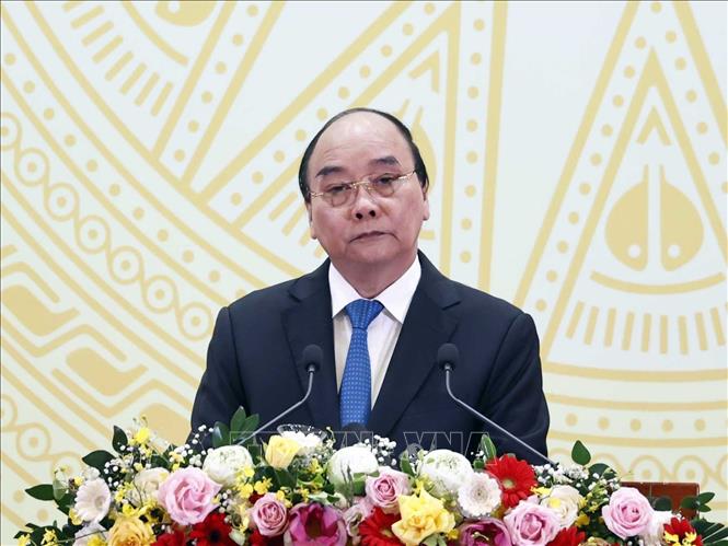 Chủ tịch nước Nguyễn Xuân Phúc phát biểu tại buổi lễ. Ảnh: Thống Nhất - TTXVN

