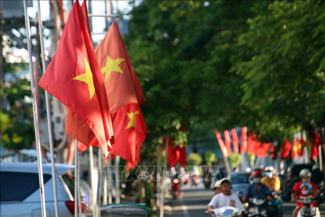 Trong ảnh: Những lá cờ đỏ sao vàng tung bay trên tuyến đường Lưu Tấn Tài, Phường 5, thành phố Cà Mau. Ảnh: Kim Há-TTXVN