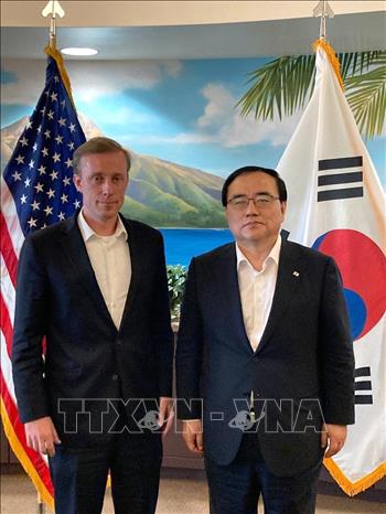 Trong ảnh: Cố vấn an ninh quốc gia Mỹ Jake Sullivan (trái) trong cuộc gặp người đồng cấp Hàn Quốc Kim Sung-han tại Honolulu, Hawaii (Mỹ) ngày 1/9/2022. Ảnh: YONHAP/TTXVN