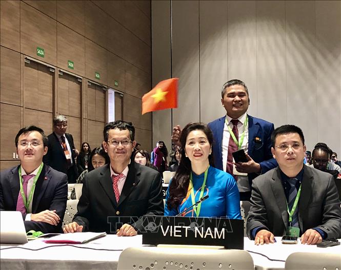 Đoàn đại biểu Việt Nam do bà Lê Thị Thu Hiền, Cục trưởng Cục Di sản văn hóa (Bộ Văn hoá, Thể thao và Du lịch) dẫn đầu, tại Phiên họp Ủy ban Liên Chính phủ Công ước 2003 về bảo vệ di sản văn hóa phi vật thể lần thứ 14 của Tổ chức Giáo dục, Khoa học và Văn hóa Liên hợp quốc (UNESCO) diễn ra tại Bogota, Colombia. Ảnh: TTXVN phát