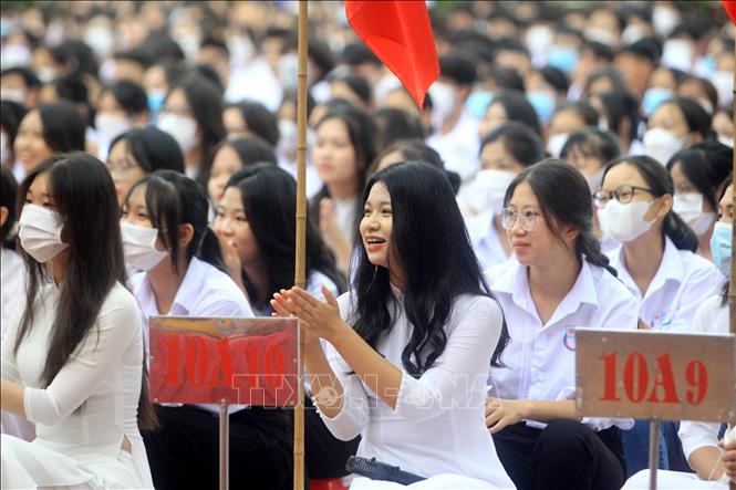 Trong ảnh: Học sinh Trường THPT Nguyễn Trãi (huyện Vũ Thư) trong lễ khai giảng năm học mới 2022-2023. Ảnh: Thế Duyệt – TTXVN 