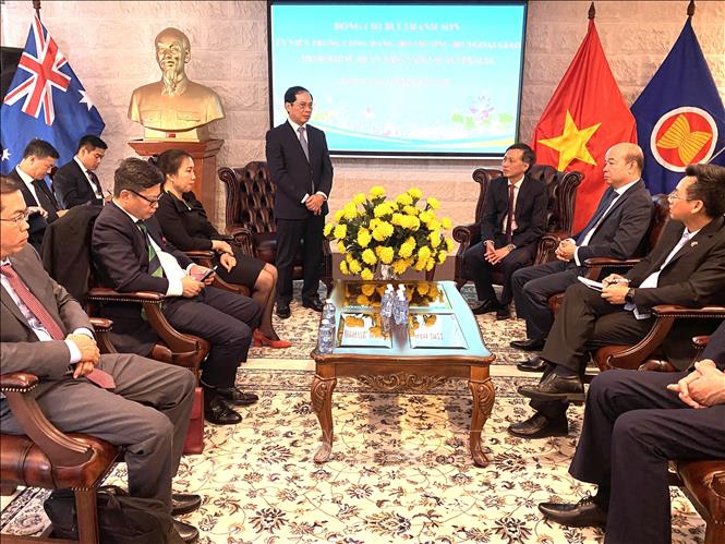 Trong ảnh: Bộ trưởng Ngoại giao Bùi Thanh Sơn phát biểu tại Lễ kỷ niệm. Ảnh: Nguyễn Minh - PV TTXVN tại Australia
