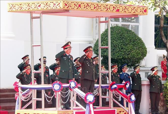 Trong ảnh: Quang cảnh lễ đón chính thức tại Bộ Quốc phòng Lào. Ảnh: Phạm Kiên. Phóng viên TTXVN tại Lào