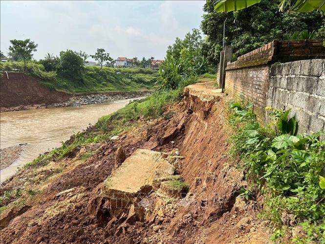 Đoạn đường bê tông ven ngòi Lạt bị sạt lở nghiêm trọng, có đoạn ăn sâu vào tường nhà của người dân. Ảnh: Tạ Toàn – TTXVN