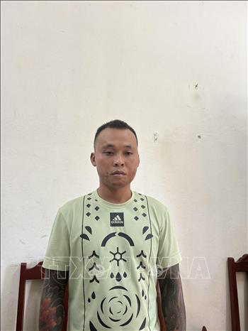 Trong ảnh: Đối tượng Vũ Văn Quỳnh bị lược lượng công an bắt giữ. Ảnh: TTXVN phát