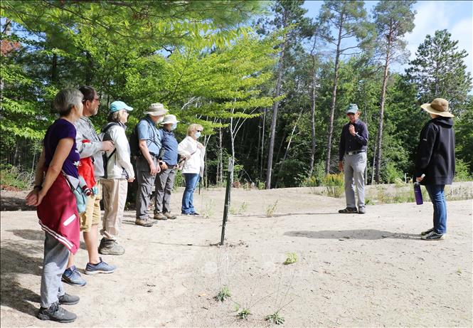 Tiến sĩ Đặng Trung Phước hướng dẫn du khách tham quan đồi cát Pinhey. Ảnh: Trung Dũng - PV TTXVN tại Canada