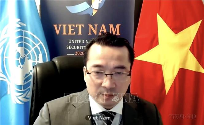 Ngày 20/1/2021, Hội đồng Bảo an LHQ họp trực tuyến về vấn đề Syria. Đại sứ Phạm Hải Anh, Đại biện lâm thời của Việt Nam tại LHQ tham dự và phát biểu tại cuộc họp. Ảnh: Hữu Thanh - TTXVN