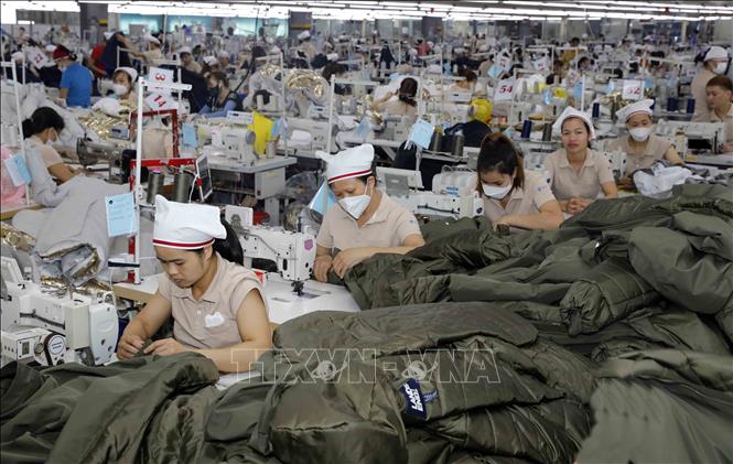 Dây chuyền gia công quần áo xuất khẩu. Ảnh: Trần Việt - TTXVN