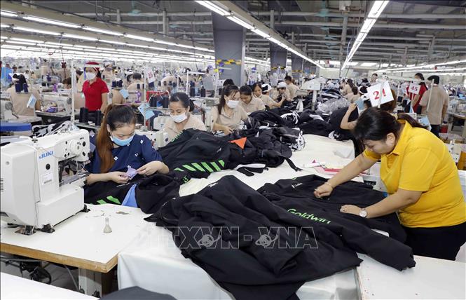 Dây chuyền gia công quần áo xuất khẩu. Ảnh: Trần Việt - TTXVN
