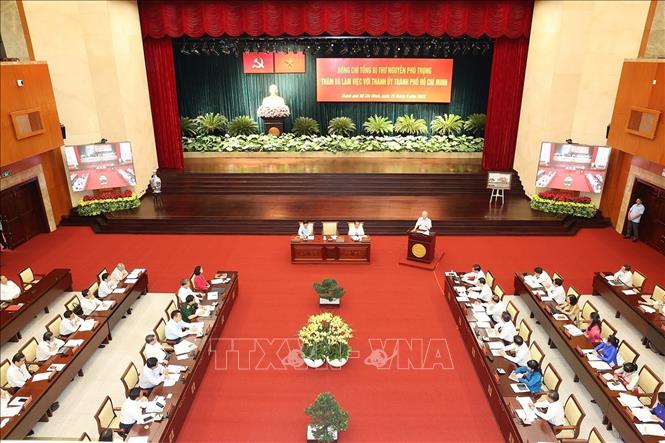 Trong ảnh: Toàn cảnh Tổng Bí thư Nguyễn Phú Trọng phát biểu kết luận tại buổi làm việc. Ảnh: Trí Dũng –TTXVN