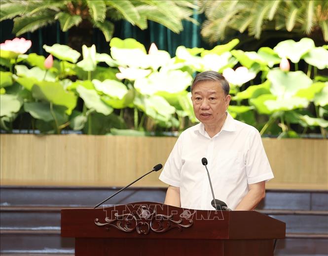 Trong ảnh: Đại tướng Tô Lâm, Ủy viên Bộ Chính trị, Bộ trưởng Bộ Công an phát biểu tại buổi làm việc. Ảnh: Trí Dũng –TTXVN