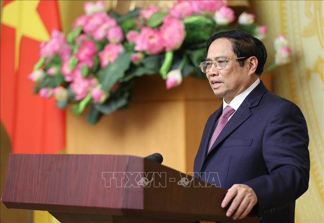 Thủ tướng Phạm Minh Chính phát biểu tại Hội nghị phát triển thị trường khoa học và công nghệ. Ảnh: Dương Giang-TTXVN
