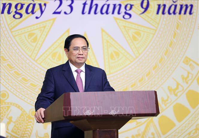 Thủ tướng Phạm Minh Chính chủ trì Hội nghị phát triển thị trường khoa học và công nghệ. Ảnh: Dương Giang-TTXVN
