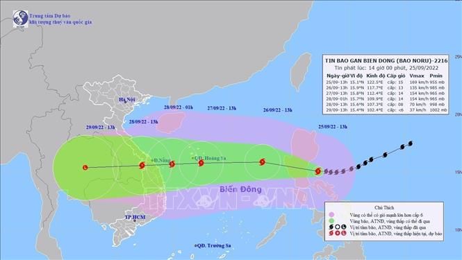 Trong ảnh: Bản đồ đường đi của bão NORU (chiều 25/9). Ảnh: TTXVN phát