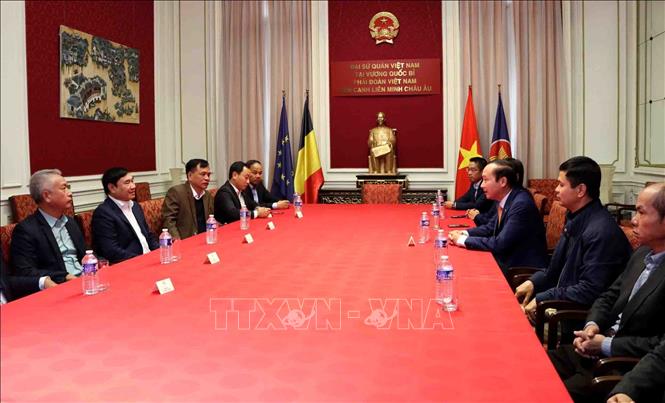 Đồng chí Trần Quốc Cường, Ủy viên Trung ương Đảng, Phó Trưởng Ban Nội chính Trung ương (thứ 2, bìa trái), nói chuyện với cán bộ Đại sứ quán Việt Nam tại Bỉ. Ảnh: Hương Giang - PV TTXVN tại Bỉ