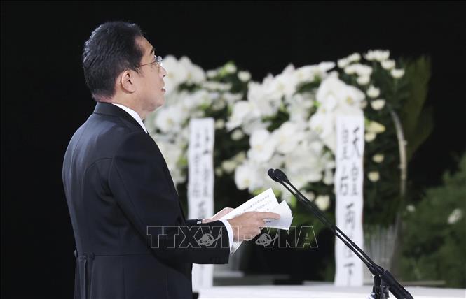 Trong ảnh: Thủ tướng Nhật Bản Kishida Fumio đọc điếu văn trong Lễ Quốc tang cố Thủ tướng Abe Shinzo tại Tokyo, ngày 27/9/2022. Ảnh: Kyodo/TTXVN
