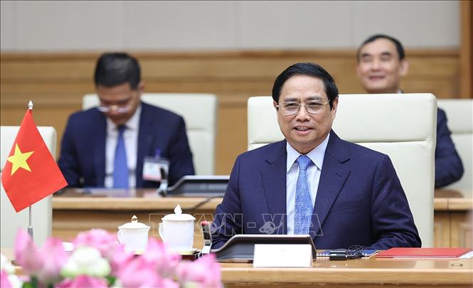 Thủ tướng Phạm Minh Chính phát biểu tại cuộc hội đàm. Ảnh: Dương Giang-TTXVN